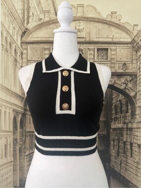 Black & White Sleeveless Polo Crop Top with Gold Buttons NWOT